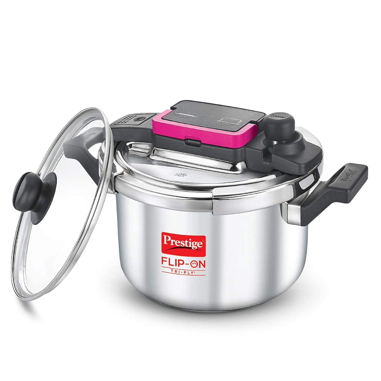 Prestige FLIP-ON TRI-PLY Stainless Steel Pressure Cooker with Glass Lid 22cm(5L, Silver and Black, Innovative Lock Lid with Spillage Control)